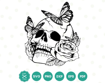 Skull Svg file, Flower Skull Svg, Skull cut file, Floral Skull, Halloween Svg, Gothic, Skull with roses, Skull with butterfly, Skull cricut