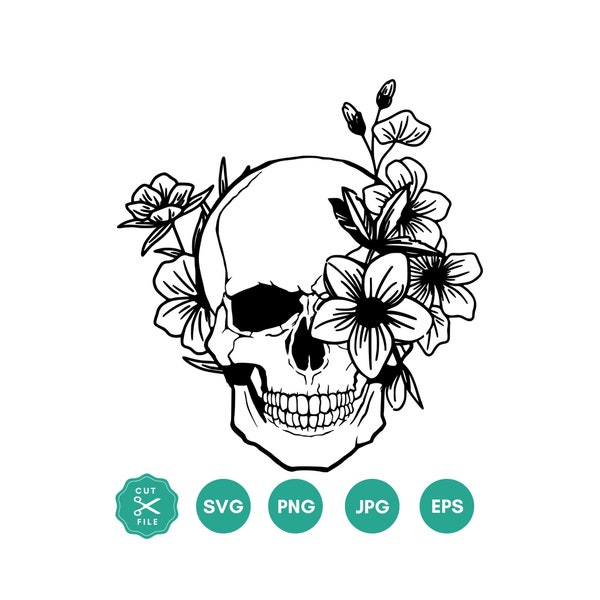 Skull Svg file, Floral Skull Svg, Skull cut file, Flower Skull Svg file, Halloween Svg, Gothic art, Skull with flowers, Svg files for cricut