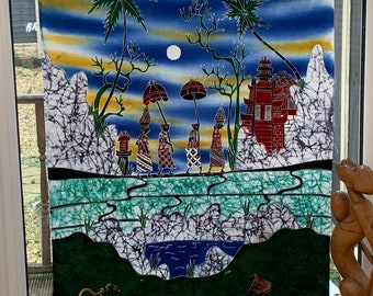 Large handmade Batik made in Bali depicting a traditional beautiful scene . Made by a local Artist and signed