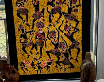 Large 29x37 inch Dancing Primitive Warriors Batik Art Painting. Handcrafted By local artist Jitra In Yogyakarta Indonesia