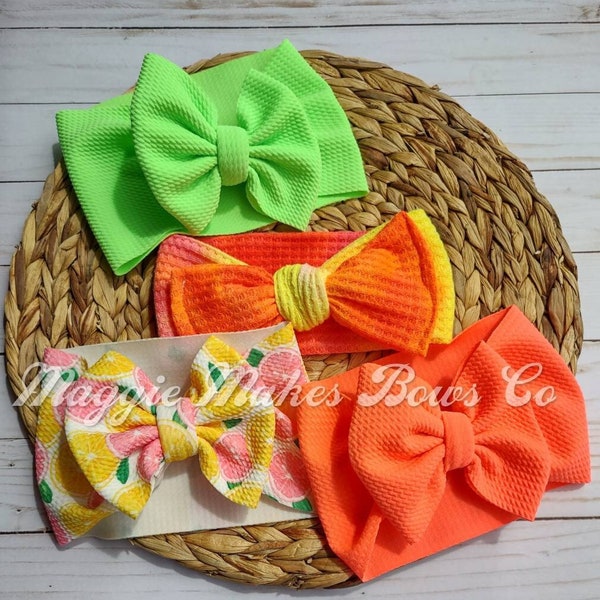 Neon headwrap bows, neon bows, neon orange, neon green, lemon bow, summer bows, messy bows, headwraps, tie dye, tie dye bows, knotted bows