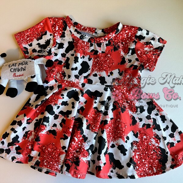 Cow print dress, CFA dress, eat more chicken, cow spots, favorite fast food,  custom dress, dresses, toddler dresses, toddler outfit, custom