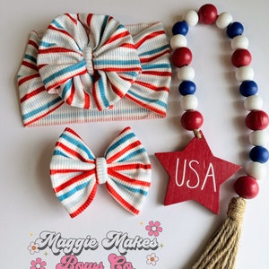 4th of July Headwrap, Memorial day bows, Forth of July bow, patriotic bows, mama headwraps, bomb pop bow, messy bow, headwrap, headband, bow bild 3