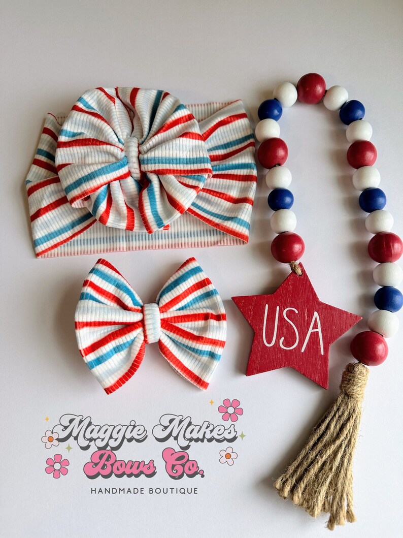 4th of July Headwrap, Memorial day bows, Forth of July bow, patriotic bows, mama headwraps, bomb pop bow, messy bow, headwrap, headband, bow bild 3