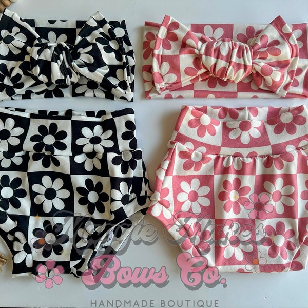 Checkered daisy flowers bummies & bow set, bummies, bummies and bows, baby bummies, floral bummies, bummies, baby shorts, diaper cover, baby