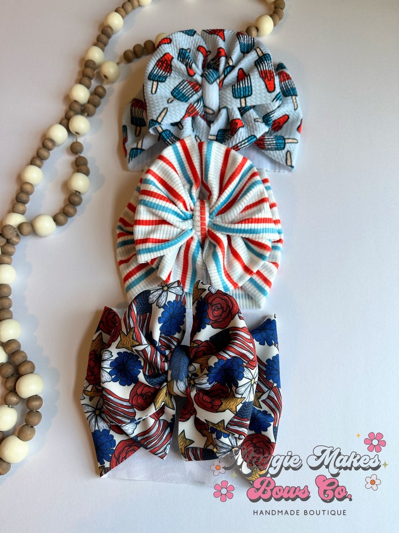 4th of July Headwrap, Memorial day bows, Forth of July bow, patriotic bows, mama headwraps, bomb pop bow, messy bow, headwrap, headband, bow bild 7