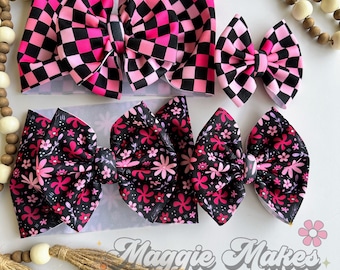 Valentine's headwrap bows, Valentine's bows, floral valentines headwraps, checkered valentines bows, black valentine bows, checkered bows