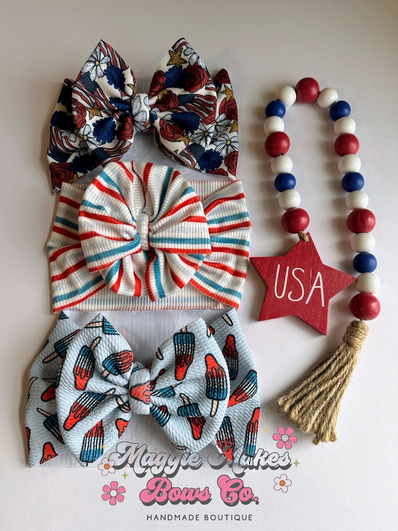 4th of July Headwrap, Memorial day bows, Forth of July bow, patriotic bows, mama headwraps, bomb pop bow, messy bow, headwrap, headband, bow bild 1