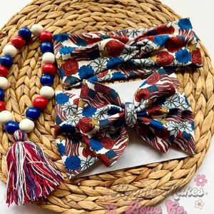 4th of July Headwrap, Memorial day bows, Forth of July bow, patriotic bows, mama headwraps, bomb pop bow, messy bow, headwrap, headband, bow bild 8