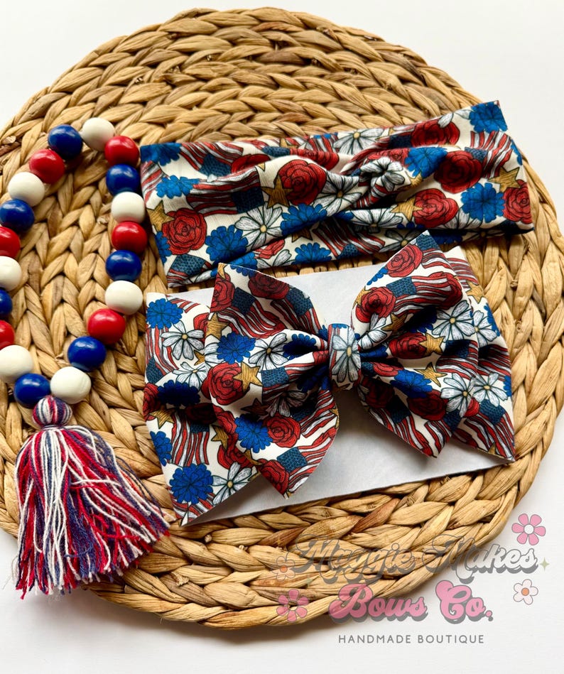 4th of July Headwrap, Memorial day bows, Forth of July bow, patriotic bows, mama headwraps, bomb pop bow, messy bow, headwrap, headband, bow bild 8