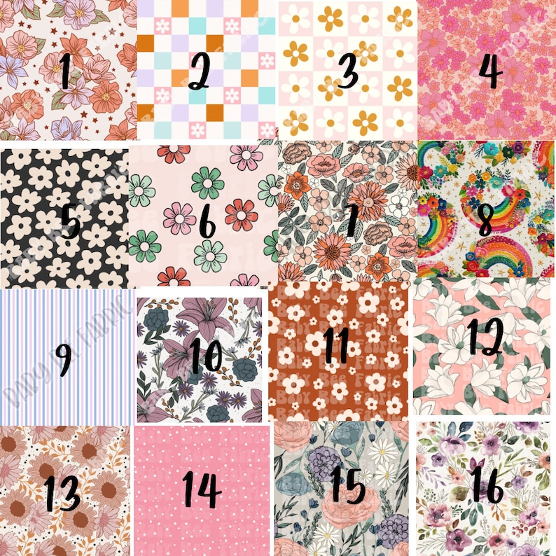 May include: A digital sheet of 16 different patterns, each with a number from 1 to 16. The patterns include floral, geometric, and abstract designs in various colours, including pink, blue, green, brown, and white.