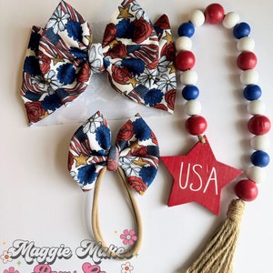 4th of July Headwrap, Memorial day bows, Forth of July bow, patriotic bows, mama headwraps, bomb pop bow, messy bow, headwrap, headband, bow bild 4