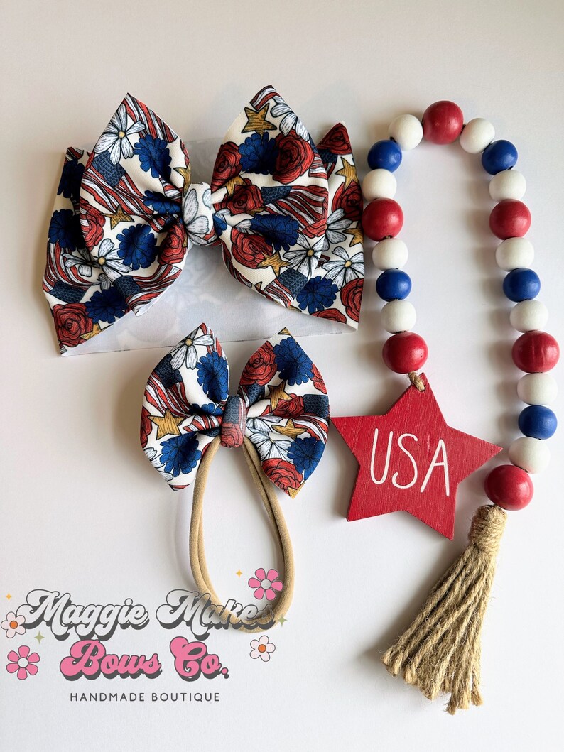 4th of July Headwrap, Memorial day bows, Forth of July bow, patriotic bows, mama headwraps, bomb pop bow, messy bow, headwrap, headband, bow bild 4
