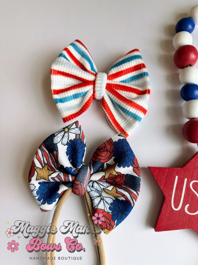 4th of July Headwrap, Memorial day bows, Forth of July bow, patriotic bows, mama headwraps, bomb pop bow, messy bow, headwrap, headband, bow bild 5