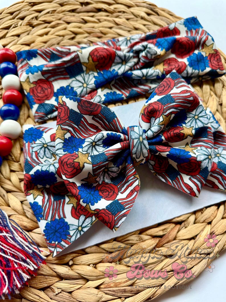 4th of July Headwrap, Memorial day bows, Forth of July bow, patriotic bows, mama headwraps, bomb pop bow, messy bow, headwrap, headband, bow bild 9