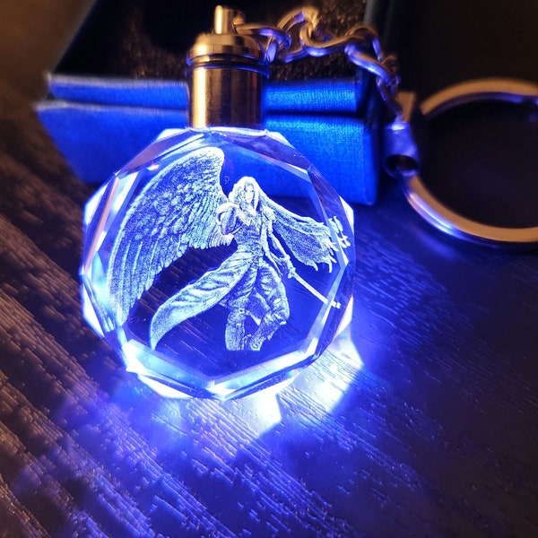 Final Fantasy 7 Sephiroth Color Changing LED Premium Crystal Laser Engraved 2D Picture Keychain with Souvenir Gift Box and Battery