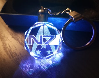 Mass Effect N7 Color Changing LED Premium Crystal Laser Engraved 2D Picture Keychain with Souvenir Gift Box and Battery