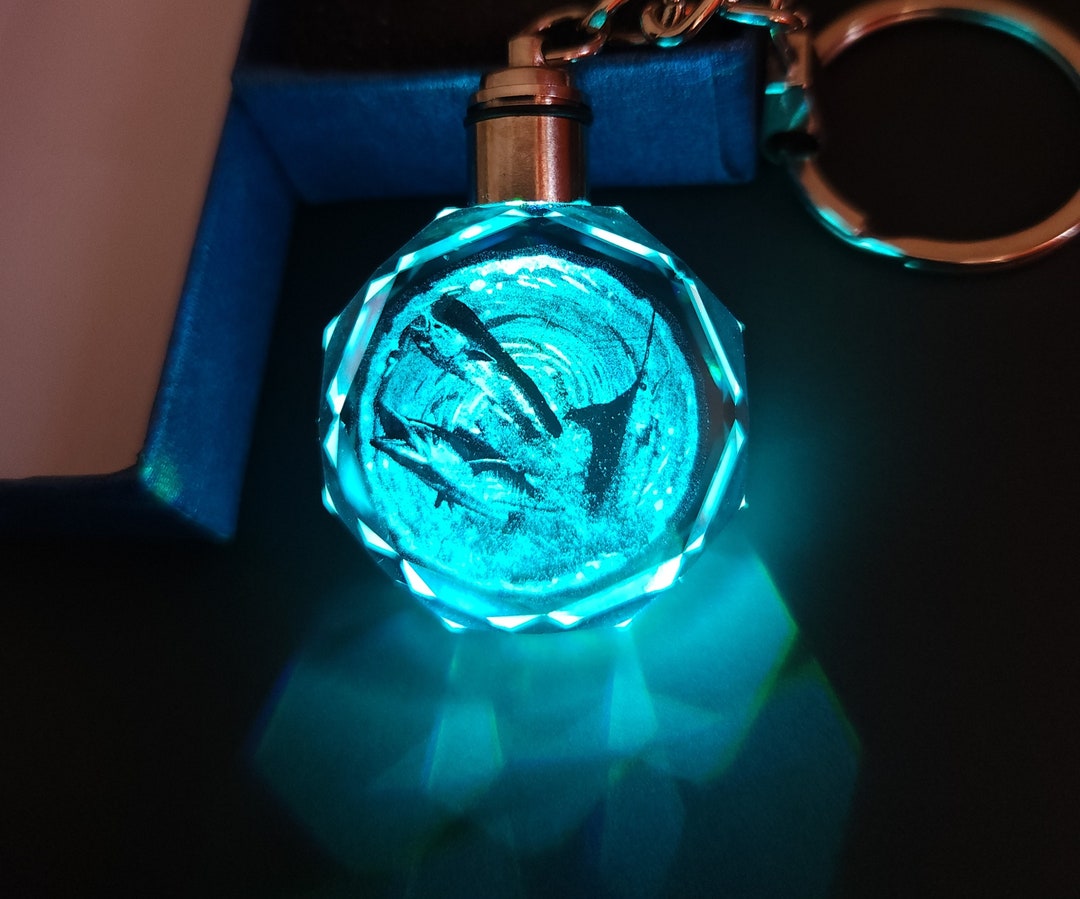 Blue Marlin, Mani Mahi, & Ono Wahoo Fish Color Changing LED Premium Crystal  Laser Engraved 2D Picture Keychain With Gift Box and Battery 