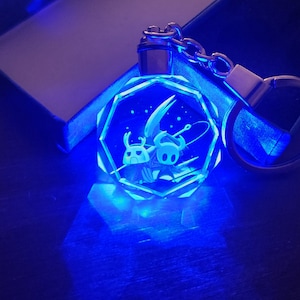 Hollow Knight, Hornet, & Zote Color Changing LED Premium Crystal Laser Engraved 2D Picture Keychain with Souvenir Gift Box and Battery