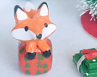 Fox in a Present Box - Present Fox - Holiday Fox - Clay Animal Figurine