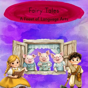 Pode incluir: Capa de livro infantil com o título "Fairy Tales" em vermelho sobre um fundo aquarela roxo. A imagem apresenta ilustrações de uma menina lendo, três porcos em uma janela e um menino com um martelo. O texto na parte inferior diz "Love to Learn Homeschool."
