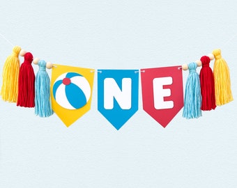 Primary Beach Ball Highchair Banner | First Birthday Pool Party Decorations | Ball Birthday Party Supplies | Beach Party Decor | Summer Bday