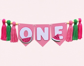 Pink Watermelon Highchair Banner | One in a Melon First Birthday Party Decoration | TWOtti Frutti Party Supplies | Fruit Party Decor