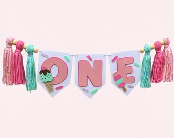 Pink Ice Cream Highchair Banner | Sweet One Birthday Party Decorations