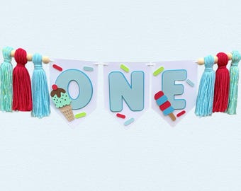 Blue Ice Cream Highchair Banner | Boys Sweet One Birthday Party Decorations