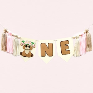 Pink Highland Cow Highchair Banner | Holy Cow I&#39;m One Birthday Party Decorations | Moo I&#39;m Two Party Supplies | Highlander Cow Banner