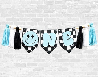 Blue One Happy Dude Highchair Banner | One Cool Dude First Birthday Party Decoration | Two Cool Party Supplies | Rad Dude Birthday Decor