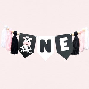 Pink Cute Cow Highchair Banner | Holy Cow I&#39;m One Birthday Party Decorations | Moo I&#39;m Two Party Supplies | Farm First Birthday Decor