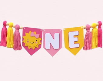 Bright Pink Sunshine Highchair Banner | One in the Sun First Birthday Party Decorations | Summer First Birthday Decor