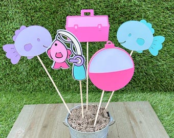 Pink Fishing Centrepiece Sticks | Girls O-Fish-Ally One Birthday Party Decorations | Fishing Party Supplies | Reelin the Big One Party Decor