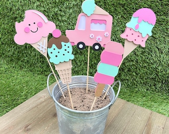 Pink Ice Cream Centrepiece Sticks | Sweet One Birthday Party Decorations