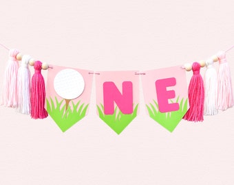 Pink Golf Highchair Banner | Hole in One First Birthday Party Decorations | Girls Golf Party Supplies