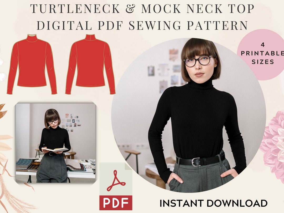 Turtleneck Sewing Pattern Top XSXL Instant Download Easy Digital PDF