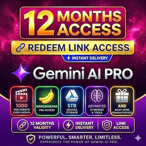 Könnte beinhalten: Eine digitale Grafik für 12 Monate Zugang zu Gemini AI PRO. Zu den Funktionen gehören 1000 Veo-Credits, Nanobanana Pro-Zugang, 5 TB Google-Speicher, fortschrittliche KI-Modelle und Premium-Funktionen. Das Design enthält Text, Symbole und einen violetten Weltraumhintergrund.