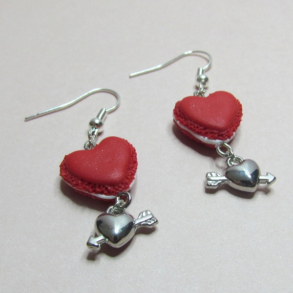 Boucles d'oreilles Saint Valentin Macarons coeurs rouges