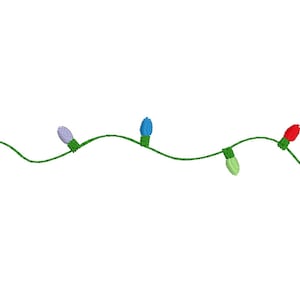 May include: A string of colorful Christmas lights on a green wire. The lights are various colors, including red, yellow, green, blue, and purple. The lights are evenly spaced along the wire, creating a festive look.
