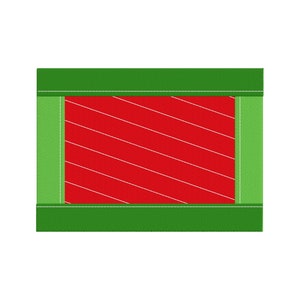 May include: A rectangular design featuring a red center with white diagonal stripes, framed by green borders. The green borders are stitched with white thread, creating a textured appearance. The overall design is simple and graphic.
