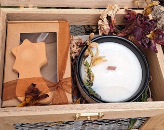Vegan candle and incense kit. "Vegan meditation kit - 120g Candle + 10 natural incenses (cardamom, rosemary, white sage and lavender).