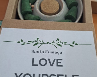 LOVE YOURSELF KIT - 8 natural incense sticks of cardamom, rosemary, white sage and lavender. Comes with a ceramic burner for burning