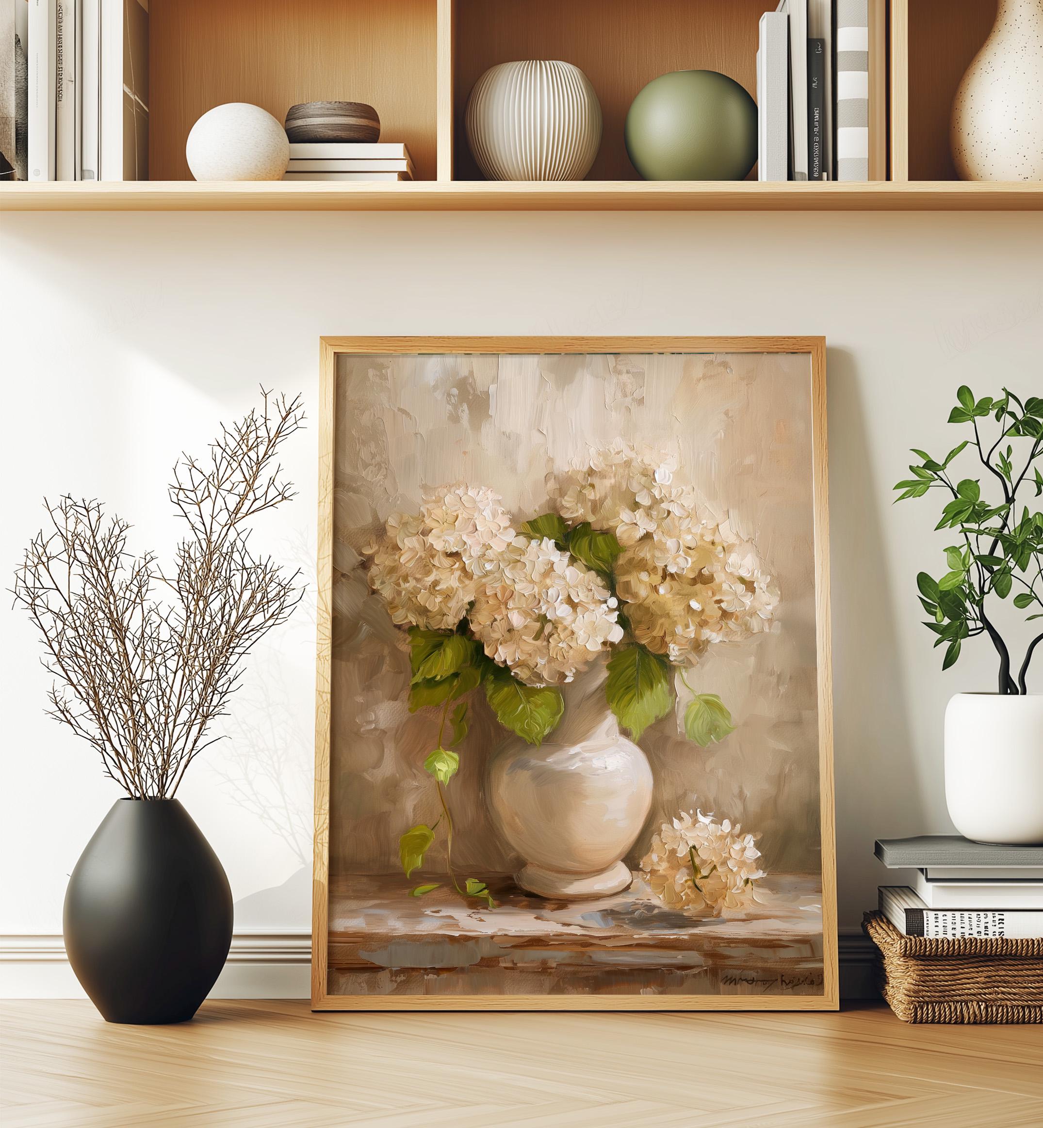 White Hydrangea Still Life Art Print, Vintage Farmhouse Floral Painting ...