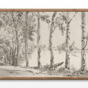 Poplars Trees Drawing,  Antique Etching Prints, Vintage Tree Sketches, Minimalist Landscape, Printable Wall Art