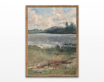 Lakeside Landscape Drawing, Watercolor Prints, Vintage Paintings, Lake House Wall Art, Digital Printable Decor