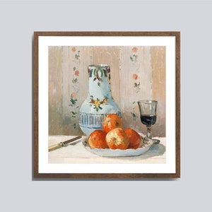 May include: A still life painting depicting a blue and white porcelain vase with a floral design, a glass of red wine, and a bowl of red apples on a white tablecloth. The background features patterned wallpaper.