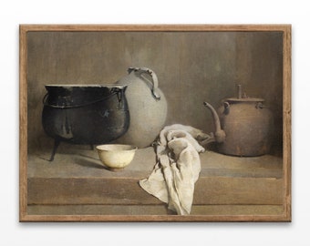 Vintage Still Life Painting: Jugs and Cauldrons Kitchen Art (Digital Download)