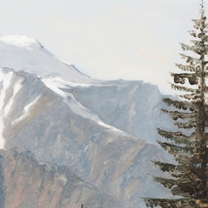 May include: A painting depicting a snowy mountain range with a dark green pine tree in the foreground. The sky is a light blue and the mountains are a light grey with white snow.
