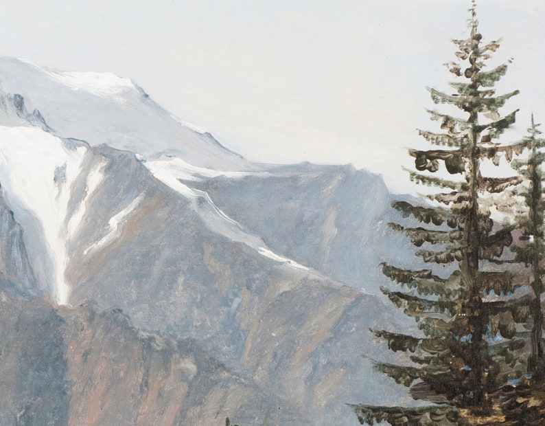 May include: A painting depicting a snowy mountain range with a dark green pine tree in the foreground. The sky is a light blue and the mountains are a light grey with white snow.
